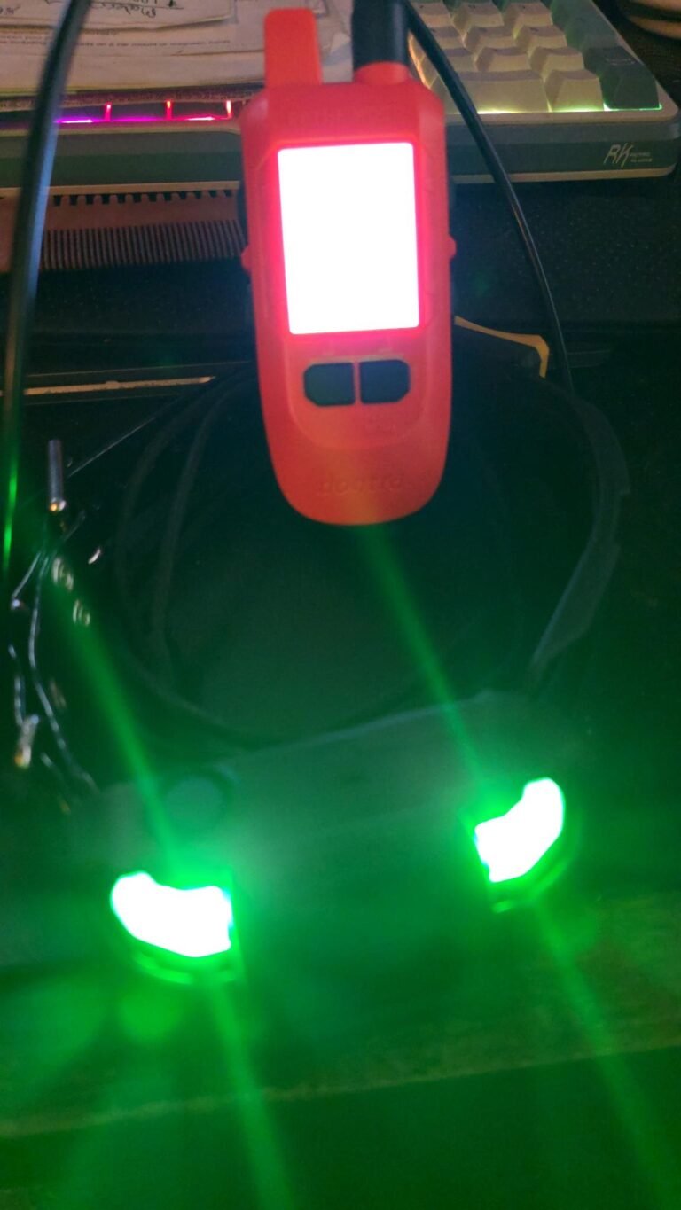 Dogtra Pathfinder2 review photo showing the green LED locator lights glowing on the tracking collar next to the orange COMPASS GPS Handheld.